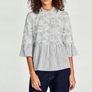 Zara Woman Striped Lace Floral Sheer Layer Size medium blouse top black white